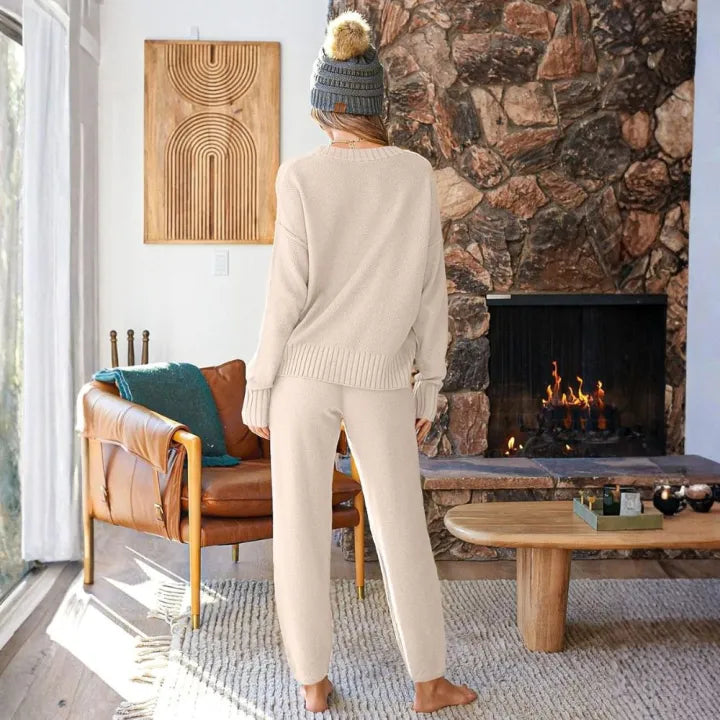Zweiteiliges Loungewear-Set für Damen – bestehend aus lässigem/kragenlosem Cardigan und passender Hose