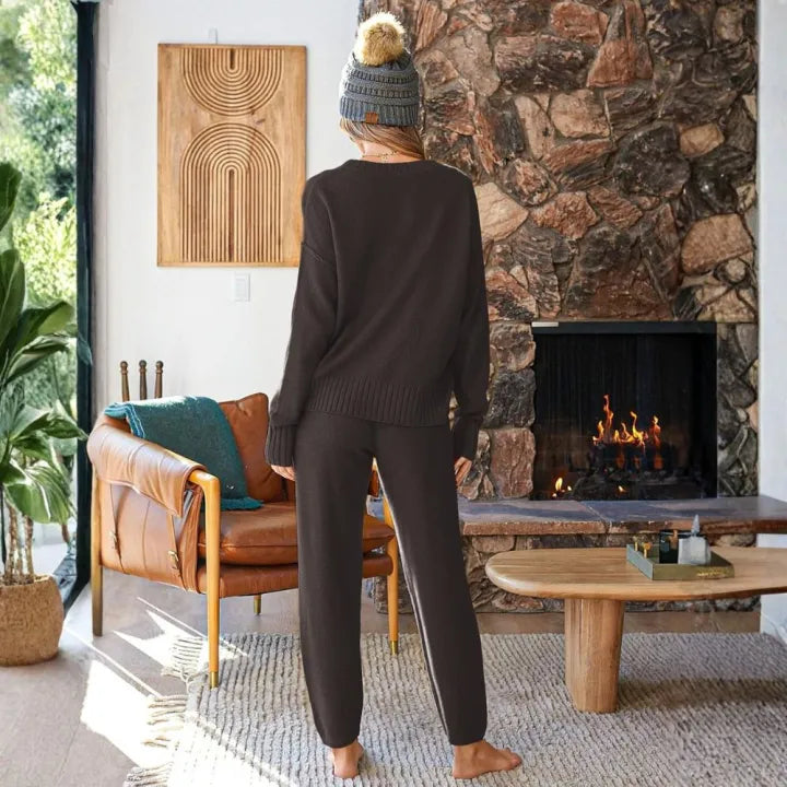 Zweiteiliges Loungewear-Set für Damen – bestehend aus lässigem/kragenlosem Cardigan und passender Hose